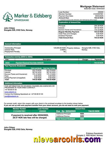 Norway Eidsberg Sparebank mortgage statement Word and PDF template